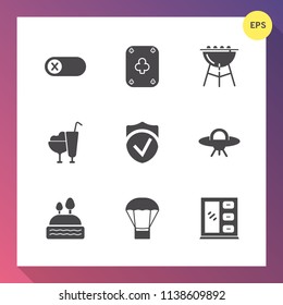Modern, simple vector icon set on gradient background with interior, alien, dessert, black, electrical, meat, gambling, home, ufo, air, grill, spaceship, poker, furniture, ice, grilling, space icons