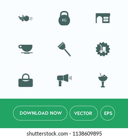 Modern, simple vector icon set on white background with business, drink, table, notebook, space, heavy, white, alcohol, food, coffee, computer, top, pin, kitchen, fitness, game, megaphone, work icons
