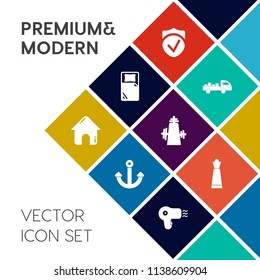 Modern, simple vector icon set on colorful flat background with room, anchor, strategy, security, transport, house, chess, truck, nautical, marine, piece, transportation, hairdryer, shipping icons