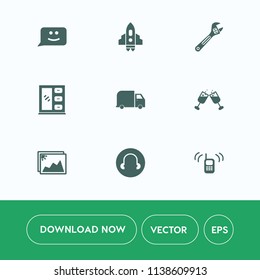 Modern, simple vector icon set on white background with glass, alcohol, ringing, photo, space, phone, image, interior, communication, tool, satellite, delivery, repair, wine, furniture, drink icons