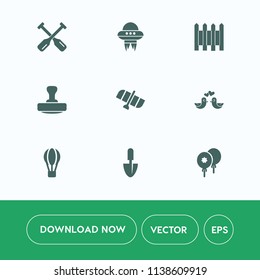 Modern, simple vector icon set on white background with pigeon, celebration, animal, invasion, ufo, bird, decoration, love, mark, rowing, sea, fence, boat, water, technology, shovel, canoe, tool icons