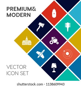 Modern, simple vector icon set on colorful flat background with eating, brush, concept, space, work, tool, comb, beauty, fashion, home, table, galaxy, hair, object, field, nutrition, hairstyle icons