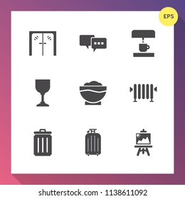 Modern, simple vector icon set on gradient background with office, chef, speech, machine, cocktail, recycling, can, steel, drawing, cup, trash, garbage, water, kitchen, coffee, alcohol, wine icons
