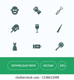 Modern, simple vector icon set on white background with electricity, dress, communication, pan, dessert, utensil, wine, power, knife, alien, glass, female, business, monster, drink, creature icons
