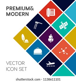 Modern, simple vector icon set on colorful flat background with dish, wash, wet, black, mobile, pie, communication, atom, dessert, spaceship, molecule, head, service, airplane, internet, sign icons