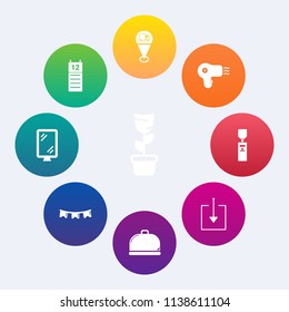 Modern, simple vector icon set on colorful circle backgrounds with mineral, food, barber, room, interior, road, banner, marker, home, location, decoration, happy, web, celebration, restaurant icons