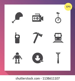 Modern, simple vector icon set on gradient background with camcorder, technology, film, handle, travel, movie, white, professional, tool, mobile, animal, communication, video, wireless, wrench icons