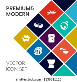 Modern, simple vector icon set on colorful flat background with airport, wine, no, heater, music, boiler, foam, jar, earth, travel, nutrition, jam, dish, sign, honey, alcohol, glass, airplane icons