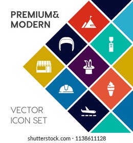 Modern, simple vector icon set on colorful flat background with building, industrial, drink, travel, object, industry, builder, plane, water, work, ice, summer, nature, store, hard, white, food icons