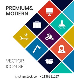 Modern, simple vector icon set on colorful flat background with monitor, lady, bird, bow, gift, agriculture, computer, christmas, girl, screwdriver, kitchen, laptop, box, axe, sign, young, pc icons