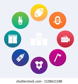 Modern, simple vector icon set on colorful circle backgrounds with bed, room, home, kid, clean, field, child, care, brush, hammer, vacation, baby, boat, clothing, service, action, entrance, ball icons