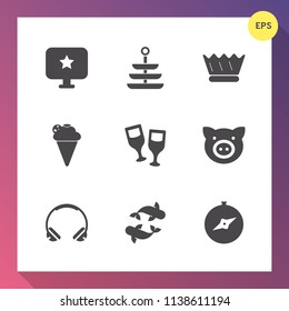 Modern, simple vector icon set on gradient background with music, plate, modern, star, jewelry, white, alcohol, meal, cream, north, map, restaurant, red, sign, kitchen, drink, audio, compass icons