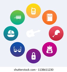 Modern, simple vector icon set on colorful circle backgrounds with transportation, speed, music, street, mobile, book, school, transport, guitar, travel, white, ocean, sign, road, lock, bag, bus icons