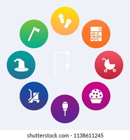 Modern, simple vector icon set on colorful circle backgrounds with pair, lantern, circus, lamp, wrench, pharmacy, tool, fashion, accounting, food, business, medicine, construction, baby, doctor icons