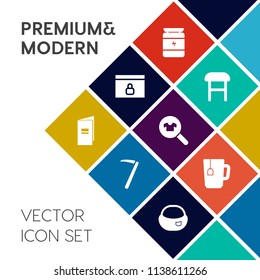 Modern, simple vector icon set on colorful flat background with bag, paper, comfort, rucksack, wrench, healthy, lock, cup, food, bodybuilding, clothes, school, website, chair, object, padlock icons