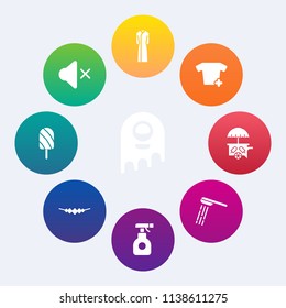 Modern, simple vector icon set on colorful circle backgrounds with mute, pesticide, volume, sprayer, audio, bathroom, van, shower, accessory, sound, hygiene, humanoid, character, dress, spray icons