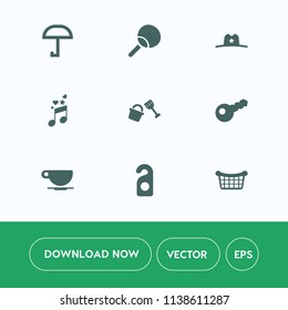 Modern, simple vector icon set on white background with hat, ball, motel, sheriff, key, weather, cowboy, ping, rain, market, label, coffee, note, white, western, musical, bucket, shovel, play icons
