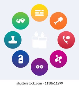 Modern, simple vector icon set on colorful circle backgrounds with sunglasses, glasses, flame, tool, table, candlelight, pub, river, activity, decoration, hippie, light, drink, construction, bar icons