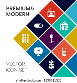 Modern, simple vector icon set on colorful flat background with stationary, drop, home, map, building, digital, white, dark, media, snack, technology, dessert, fitness, sweet, food, brown, play icons