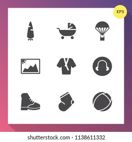 Modern, simple vector icon set on gradient background with healthy, raw, sign, boot, mother, extreme, warm, pram, fly, ball, orange, photo, jump, vegetarian, stroller, image, parachute, frame icons