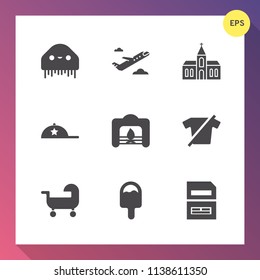 Modern, simple vector icon set on gradient background with creature, ufo, warm, carriage, airplane, fashion, transport, science, cap, fiction, icecream, humanoid, aircraft, building, airport icons