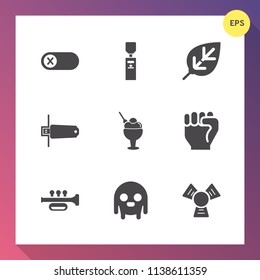 Modern, simple vector icon set on gradient background with deactivate, cooler, space, off, object, tree, monster, water, cold, turn, cream, power, electrical, hand, leaf, ice, concept, control icons