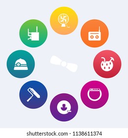 Modern, simple vector icon set on colorful circle backgrounds with user, electric, cooling, watch, computer, desk, paint, summer, notebook, media, roller, element, ventilator, white, avatar, air icons