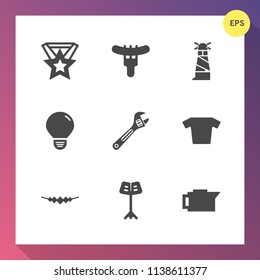 Modern, simple vector icon set on gradient background with energy, coffee, clothing, fast, necklace, bulb, building, house, tool, meat, music, drink, espresso, sea, lunch, equipment, sausage icons