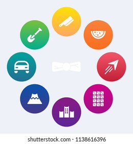 Modern, simple vector icon set on colorful circle backgrounds with dessert, drill, travel, chocolate, cutlery, volcano, kitchen, tie, fork, crater, suit, lava, car, food, shovel, bar, bow, sweet icons