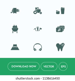 Modern, simple vector icon set on white background with mountain, dental, music, cafe, field, tractor, healthy, file, brown, lava, white, repair, volcano, hammer, crater, technology, hot, farmer icons