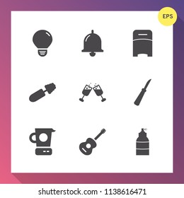 Modern, simple vector icon set on gradient background with alcohol, makeup, mixer, hotel, bulb, spray, fashion, cooking, button, black, music, home, beauty, drink, wine, ring, sound, mascara icons