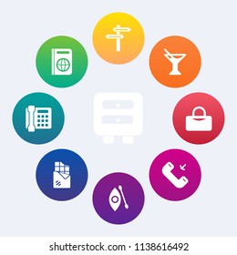 Modern, simple vector icon set on colorful circle backgrounds with glass, communication, phone, banner, tourism, document, alcohol, element, cabinet, ice, kayaking, office, water, bar, river icons