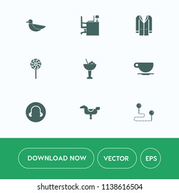 Modern, simple vector icon set on white background with sweet, bird, glass, style, play, business, white, cup, travel, animal, alcohol, black, candy, bar, cappuccino, desk, drink, coat, computer icons