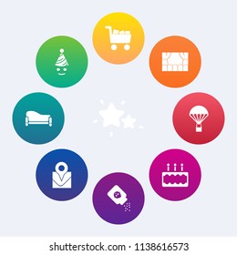 Modern, simple vector icon set on colorful circle backgrounds with map, bottle, home, galaxy, commerce, sofa, health, costume, sky, shop, sweet, room, parachuting, space, couch, happiness, cake icons