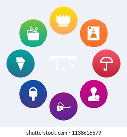 Modern, simple vector icon set on colorful circle backgrounds with document, musical, royal, dessert, queen, web, meteorology, summer, sweet, icecream, food, ice, interface, strawberry, kingdom icons