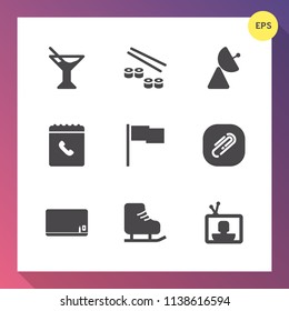 Modern, simple vector icon set on gradient background with television, fish, communication, internet, paper, party, rice, skating, glass, book, education, cold, summer, sport, seafood, cocktail icons