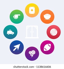 Modern, simple vector icon set on colorful circle backgrounds with interior, tool, web, flower, game, play, football, bowl, wheel, home, stadium, window, nature, object, glass, tire, cursor, car icons