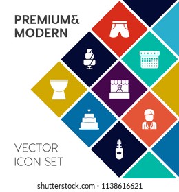 Modern, simple vector icon set on colorful flat background with music, business, timetable, time, pastry, cake, fashion, dessert, male, sugar, pie, white, makeup, percussion, sound, supermarket icons