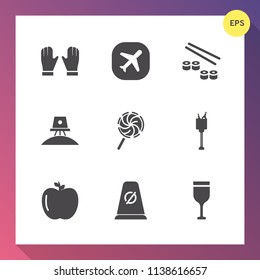 Modern, simple vector icon set on gradient background with protection, candy, astronaut, glove, sushi, galaxy, red, food, work, glass, salmon, wine, fish, japanese, seafood, plane, healthy, road icons