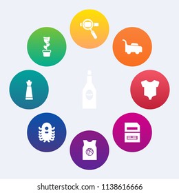 Modern, simple vector icon set on colorful circle backgrounds with bottle, fiction, monster, wineglass, grass, child, king, mower, red, interior, beverage, clothing, sport, strategy, computer icons