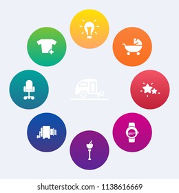 Modern, simple vector icon set on colorful circle backgrounds with idea, electricity, bulb, fashion, drink, light, clothes, wine, smart, watch, gadget, nature, alcohol, ice, kid, transport, baby icons