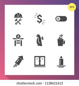 Modern, simple vector icon set on gradient background with work, penguin, foreman, hot, home, candle, furniture, off, light, event, deactivate, taiko, drink, construction, switch, site, drum icons