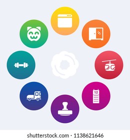 Modern, simple vector icon set on colorful circle backgrounds with kitty, girl, cake, cookie, mark, cupcake, calendar, bakery, web, dessert, sweet, kitten, young, sky, happy, furniture, rail icons