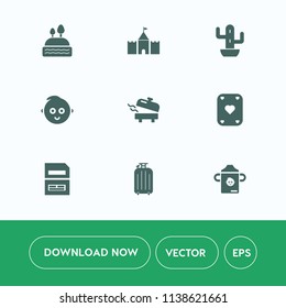 Modern, simple vector icon set on white background with game, milk, travel, nutrition, chocolate, equipment, technology, child, file, green, doughnut, boiler, bag, document, bakery, kid, cactus icons