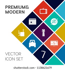 Modern, simple vector icon set on colorful flat background with top, tv, table, photo, pulse, day, television, picture, time, equipment, office, automotive, car, tool, white, fashion, video, no icons