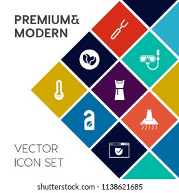 Modern, simple vector icon set on colorful flat background with spoon, coffee, mask, kitchen, bean, snorkel, thermometer, water, cooking, hood, caffeine, summer, website, door, label, underwater icons