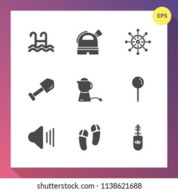 Modern, simple vector icon set on gradient background with sign, navigation, music, audio, mascara, travel, marine, breakfast, helm, swim, map, fashion, makeup, up, sound, pin, teapot, shovel icons