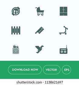 Modern, simple vector icon set on white background with meat, paper, wardrobe, oven, family, child, metal, sign, origami, white, food, perambulator, buggy, art, radio, fun, cooking, equipment icons
