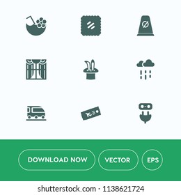 Modern, simple vector icon set on white background with water, ice, curtain, juice, wet, magic, airplane, plane, drink, road, van, travel, flight, electricity, mail, glass, tropical, post, cold icons