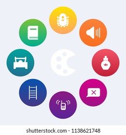 Modern, simple vector icon set on colorful circle backgrounds with literature, audio, color, monster, telephone, drawing, fiction, ladder, character, paint, book, music, fashion, aroma, car, art icons